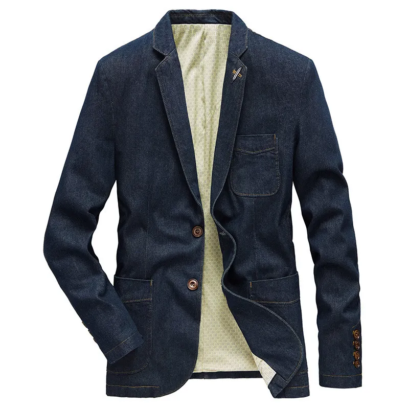 Cotton Men denim kostym jacka enstaka bröstfickor blå casual gata vår hösten manlig outwear smal man cowboy blazer 220514