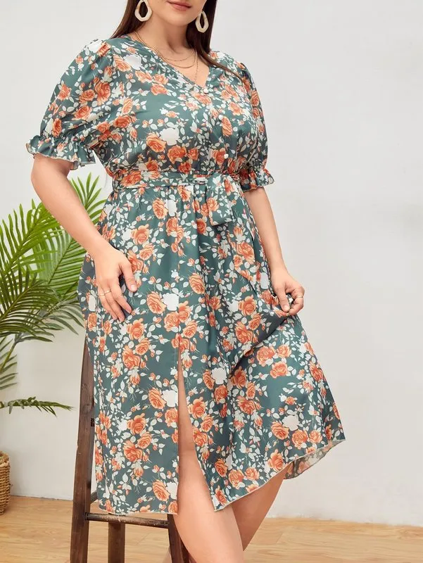 Summer Plus Size Stampa floreale Tie Front Strap Dres Boho Beach Casual Summer Slim Fit Abiti aderenti 220527