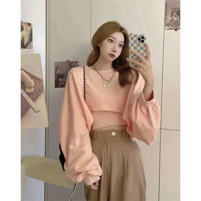 Autumn Two Piece Suit Hoodies Women Korean Loose Bat Sleeve Tops Fashion Crop SweatshirtsCamis Female 220805