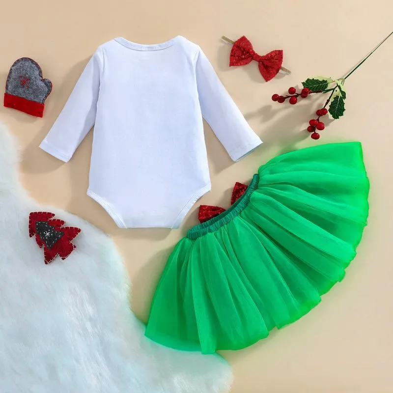 Ensembles de vêtements 3 pièces arbre de Noël bébé filles ensemble lettre imprimé col rond manches longues barboteuse + jupe courte + bandeau pour 0-24 mois