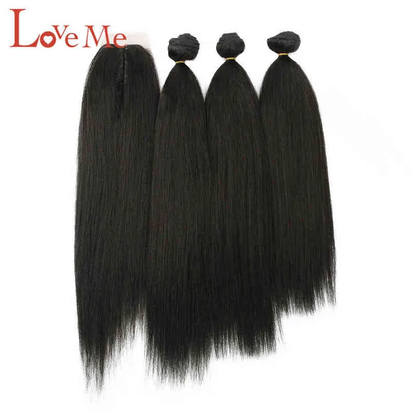 LOVE ME Yaki Straight Hair Bundles With Lace Closure Hair Weave With Middle Part Closure Ombre Brown Golden Hair Extension H220429