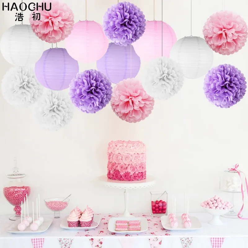 set redondo lanternas de papel chinês Bolas de papel de papel para festa de aniversário Decoração do chá de bebê Pink Purple 220527