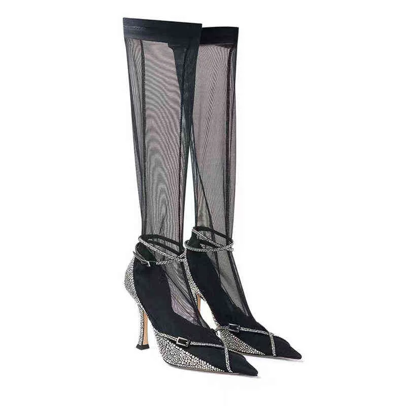 Boots Summer Women New Women Rhinestone Mesh Sexy Over the Knee Fashion Long Stiletto Buckle Buckle Stiped Leg Socks Pointed 220709