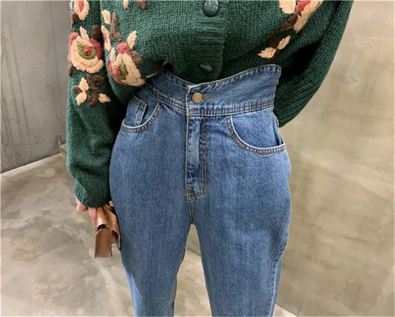 Bgteever mulheres harem calças moda cintura alta solta branco denim jeans feminino botões calças primavera streetwear 220722