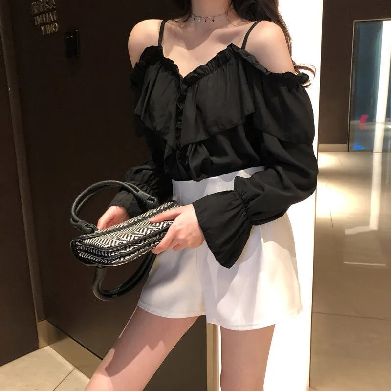 Poza ramionami Blouses Women Ruffles Sexy Party Design Stylowy Ulzzang Solid Feminine Leisure All-Match Spring Soft Ins 220727