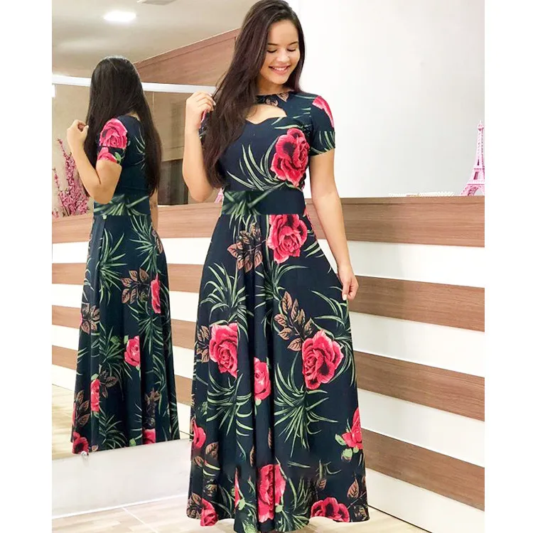 Mujeres de manga corta ahueca hacia fuera el cuello redondo vestido largo de verano elegante estampado floral de cintura alta elástico Boho Robe Maxi Vestidos 226014