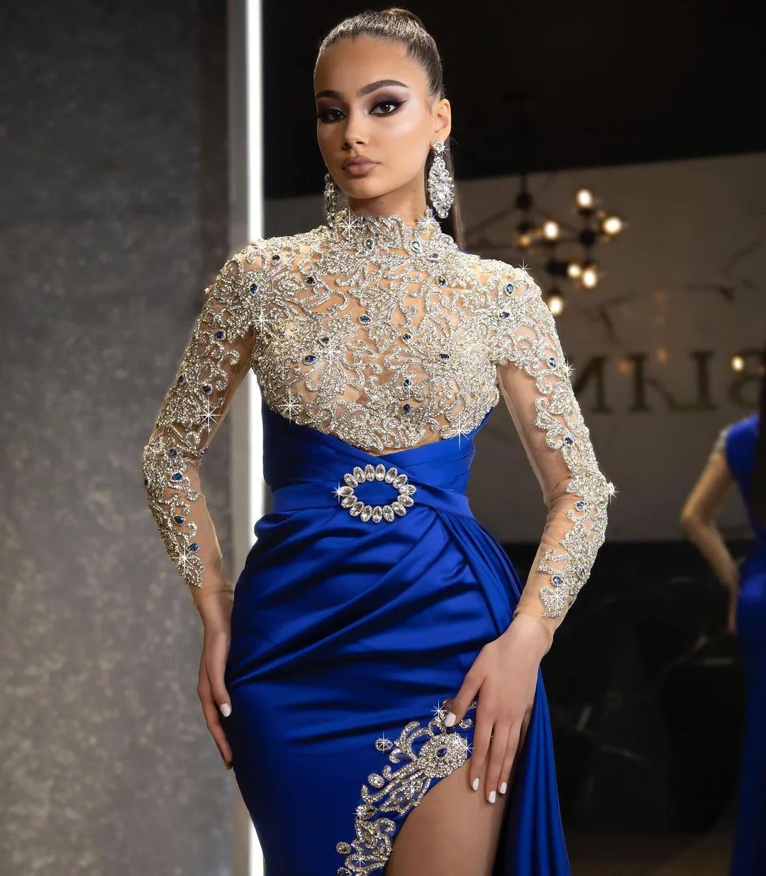 Vintage High Neck Evening Dresses Luxury Beaded Crystals Illusion Bodice Long Sleeves Split Formal Party Occasion Prom Gowns Arbaic Dubai Dress BC11420 0419