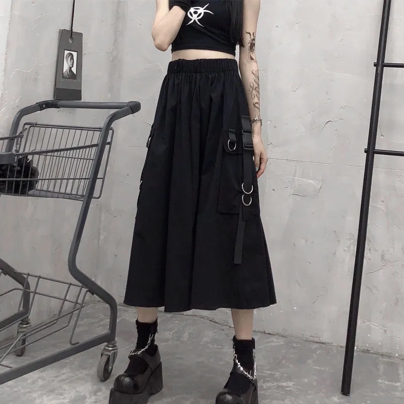 Gothique Taille Haute Cargo Jupes Femme Harajuku Lâche A-ligne Poche Midi Longue Jupe Noire Hip Hop Mode Streetwear OverSize 220401