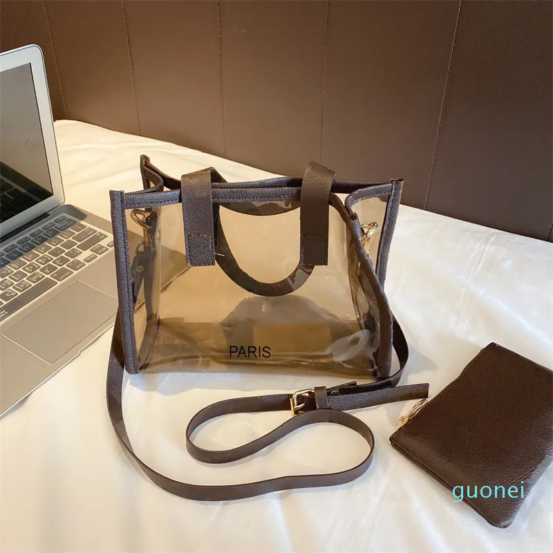 Shoppingväskor pvc transparent axel stor kapacitet väska messenger handväska kvinnor mode läder designer crossbody purse strand t269s