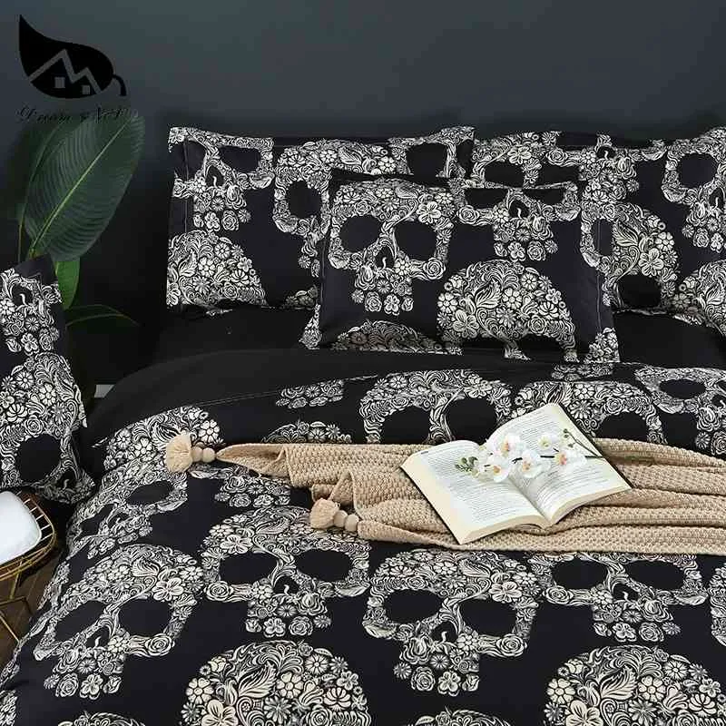 Dream Ns Flower Skull Beddings and Bed Sets Black Color Duvet Cover King Size Luxury Sugar Bedding Set Queen Pn007