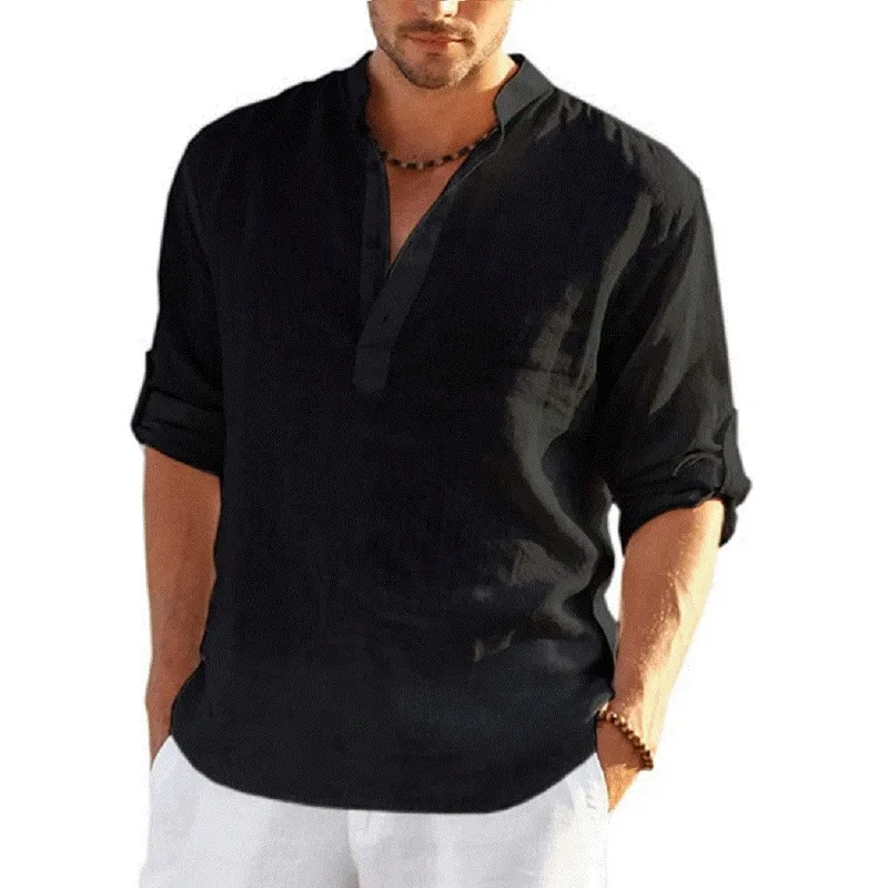 Erkekler Sıradan bluz pamuk keten gömlek gevşek üstler uzun kollu tişört bahar sonbahar yakışıklı s 220728