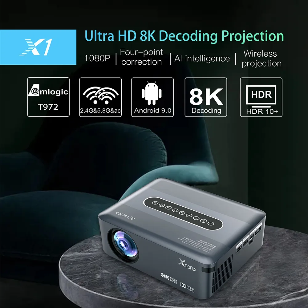 8K Декодирующий проектор 1080p Full HD 4K 1920x1080p LCD Smart Android 9.0 2T2R Wi -Fi Video Led Home Theatre Cinema Xnano X1