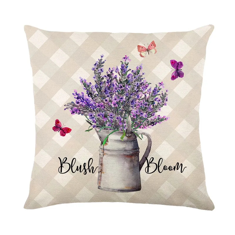 Federa cuscino Fodera cuscino stampato lavanda Fiori semplici Modello bicicletta Copricuscino scozzese 18x18 pollici Decorazioni la casa Federa tiro in lino 220714