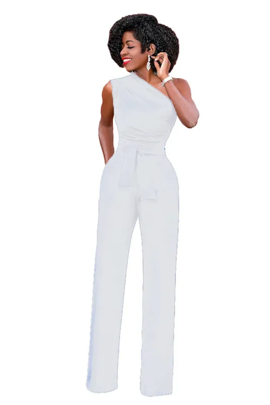 Sexig en axel rompers kvinnor jumpsuit sommar ärmlöst bälte brett ben elegant damstorlek bodycon jumpsuits vit svart 220725