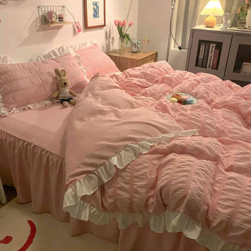 Pink Ruffled Seersucker Duvet Cover Set 3/Soft Lightweight Down Alternative Grey Bedding with Bed Skirt and Pillowcases