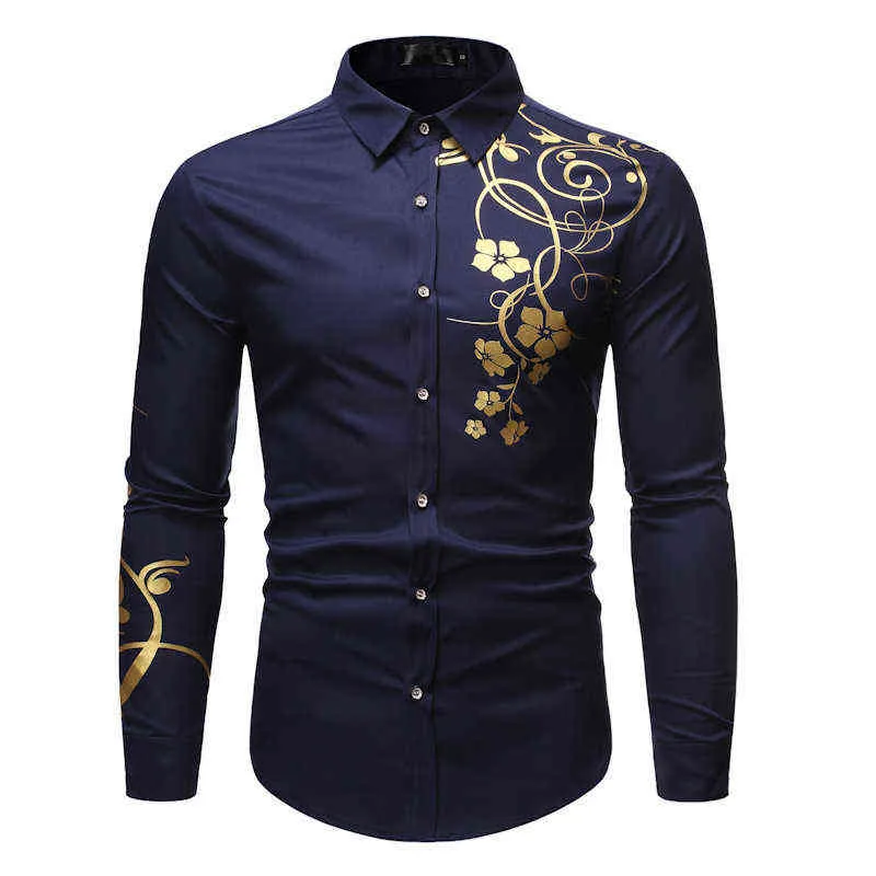 Fashion Gold Flower Floral Print Shirt Men 2022 Brand Black Slim Fit Long Sleeve Mens Dress Shirts Business Casual Chemise Homme L220704