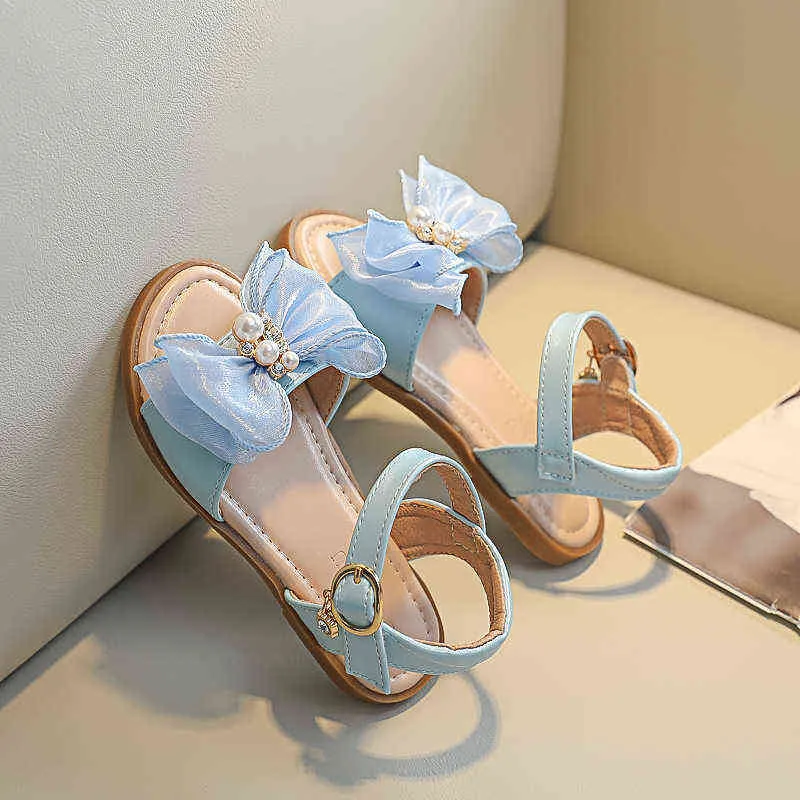 Sapatos da escola de verão infantil para meninas Princesa Sandals Kids Fashion Pearl Flowers Bow Sandal 2021 2 3 4 5 7 8 9 10 11 anos G220523