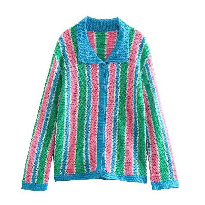 Colorful Striped Knitted Cardigan Woman Oversized Long Sleeves Y2K Knitwear and Fashion Crop Top Chic Lady Summer Set 2022 L220725