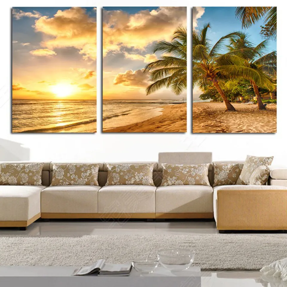 3 pezzi modulari Dusk Seascape Wall Art Canvas Painting Modern Beach Palm Tree Poster e stampe Immagini la decorazione del soggiorno