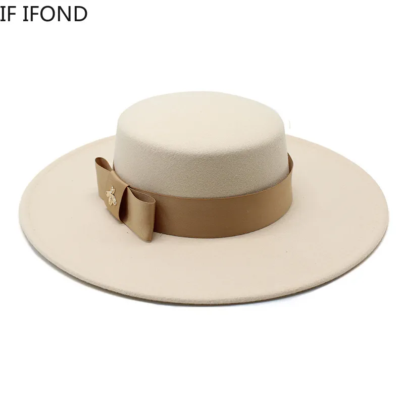 Automne hiver français dames blanc bownot plate top plate fedora chapeau 10cm banquet de brim élégant chapeau de mariée coiffure 220524337r