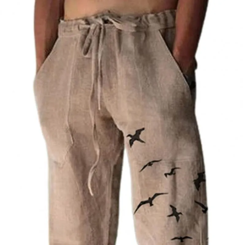 Calça masculina homens homens casuais elegantes vôo com estampa de pássaro renda até a cintura intermediária de calças machos longas machos de streetwear inverno 220826