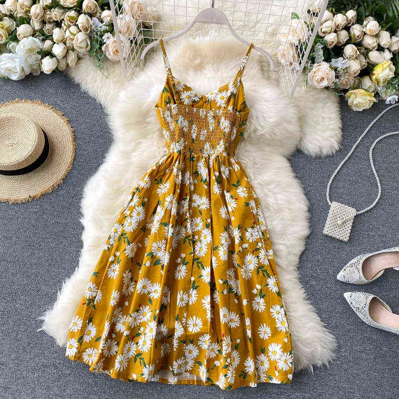 Boho button 2022 Sexy Spaghetti Strap floral print Midi Dress Summer Party Casual Women A-Line Beach Holiday knee length Dress Y220413