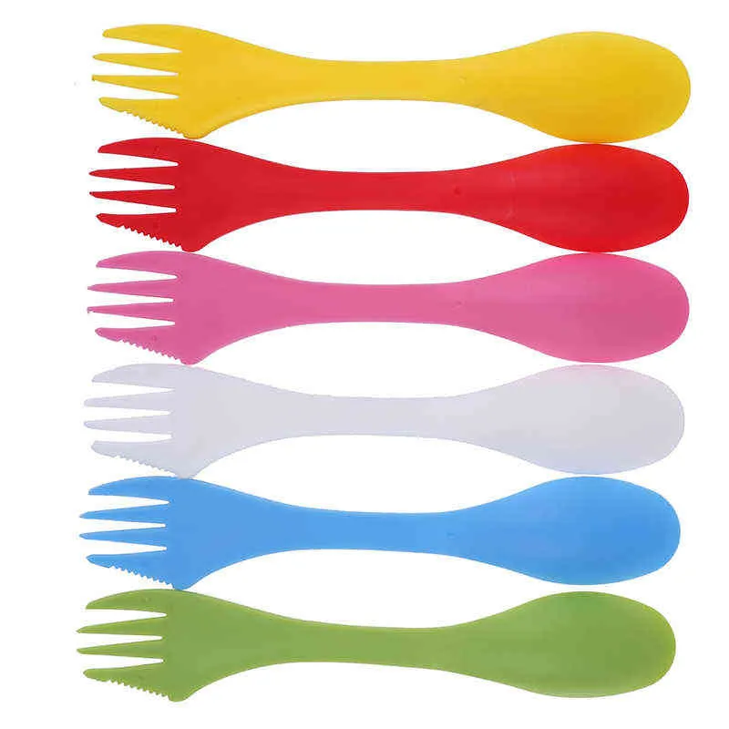 3 in 1 utensili in plastica Spork Combo gadget da viaggio posate stoviglie cucchiaio forchetta taglierina da viaggio campeggio escursionismo picnic Y220530