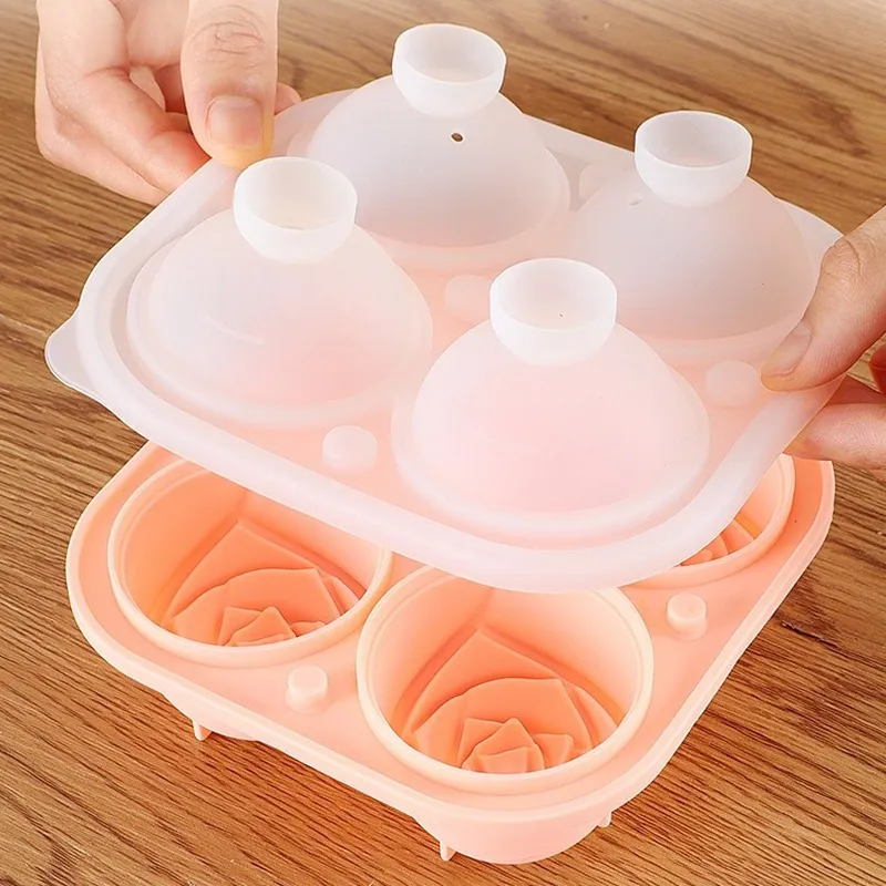 Silicone Molds for with Lid 4 Holes Rose Flower Shape Reusable Cube Tray Kitchen Accessories Ice Cream Maker Tool 220611