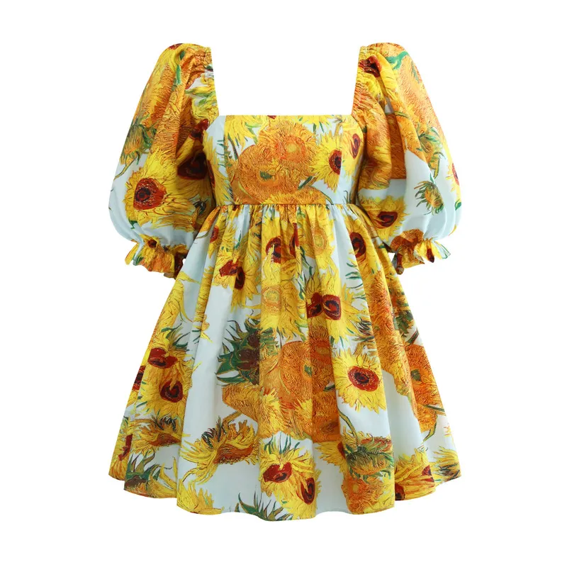 Woman Puff Sleeveless dress Van gogh sunflower Printed Pleated square collar dress S-XL