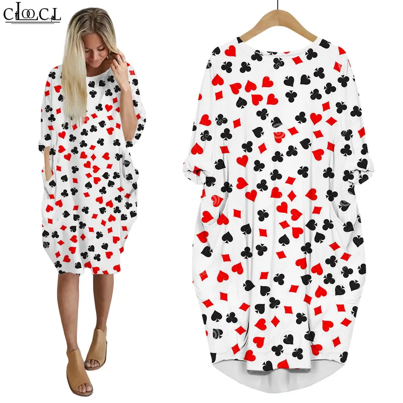 Women Dress Playing Cards 3D Graphics Loose Daughter Dresses Printed Long Sleeve Fashion Summer Gown Pocket Dress W220616