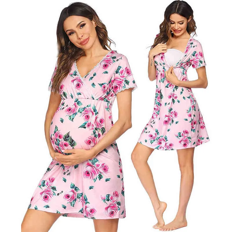 Costura de encaje Vestido de maternidad de manga corta Tie-dye Estampado floral Lactancia Embarazo Vestido Cuello en V Vestido de mujer informal G220309