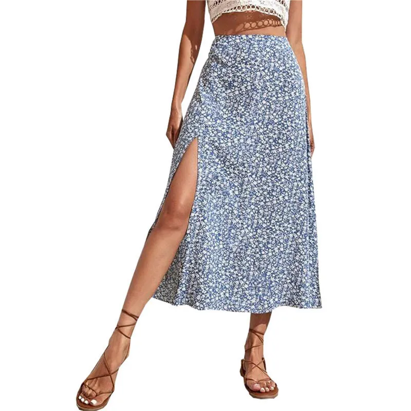 Vrouw Zomer Europese En Amerikaanse Bloemenprint Split Rok Dames Leisure ALine Tas Hip MidWaist Lange Rok 220617