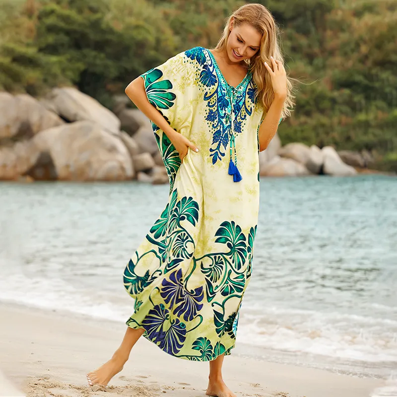 Bohemian tryckt V-ringning Halva ärm Summer Beach Dress Green Cotton Tunic Women Beachwear Midi Dress Robe de PLAGE Q845 220510