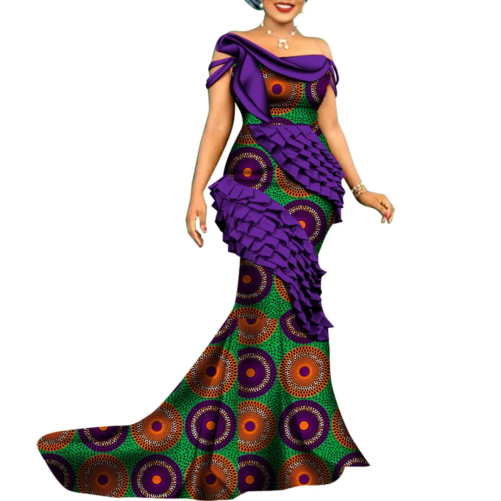 Bintarealwax Nowy Niestandardowy Afryki Suknie Wieczorowe Dla Kobiet Bazin Dashiki Długość Długość Afryki Print Bawełny Panie Mermaid Party Dress Wy8806