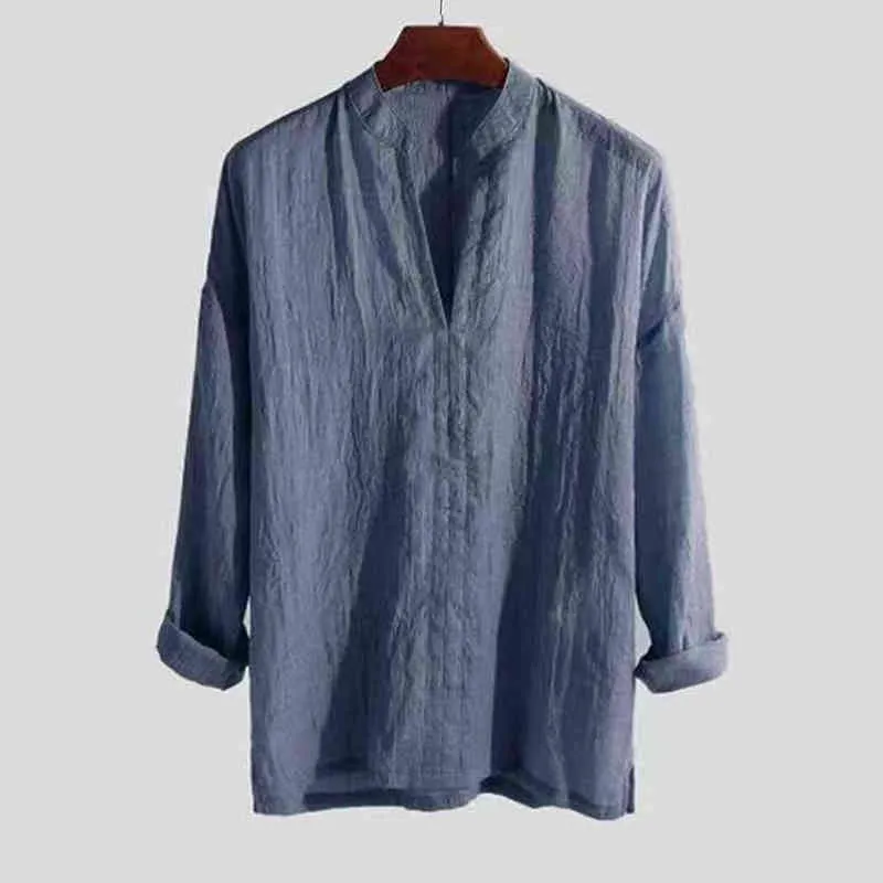 Camisa de linho novo homens breves respiráveis ​​de cor sólida com manga longa solta Harajuku blusa casual camisa havaiana camisa masculina l220704