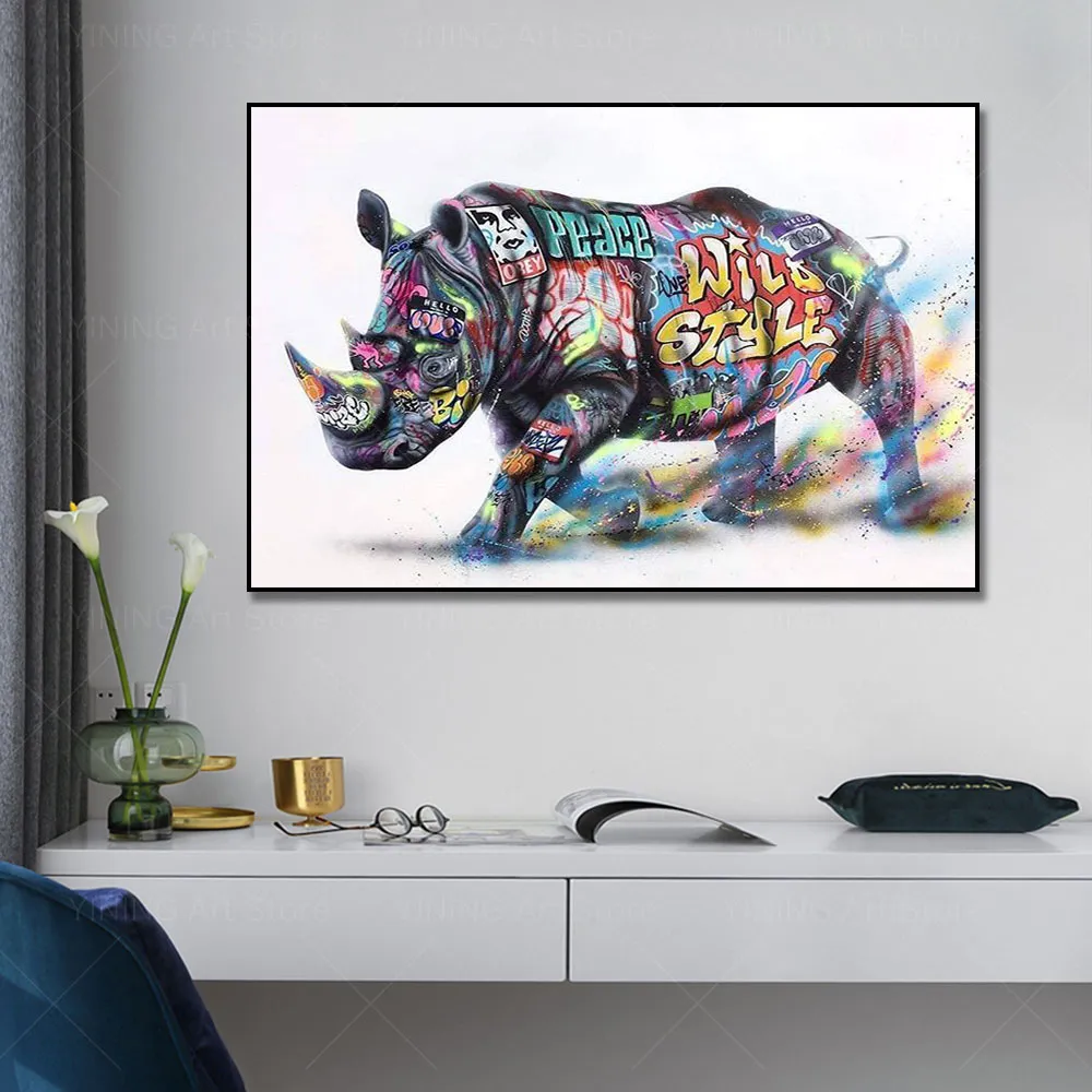 Graffiti Animal Rhino Canvas Målning Affischtryck Väggkonst Bild för vardagsrum Heminredning Framlös