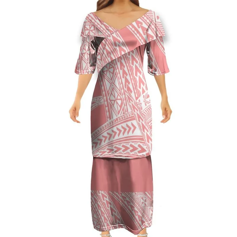 Brand Polynesian Tribal SubliMation Print V-Neck Puletasi Women Half Sleeve Dress Anpassade mönster Klänning Size 7XL 220706