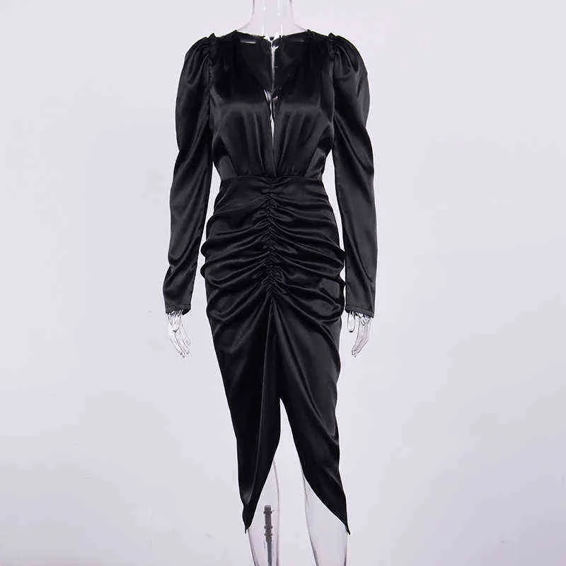 Long Sleeve Maxi Dress V Neck Ruched Cut out Sexy Split Invisible Zipper High Waist Black Dress Women Elegant Party Wear T220816