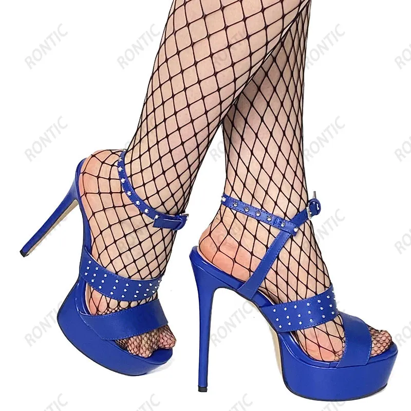 Rontic Anpassen Farbe Frauen Plattform Sandalen Sexy Nieten Stiletto Heels Offene spitze Klassische Schwarze Kleid Schuhe UNS Größe 5-20