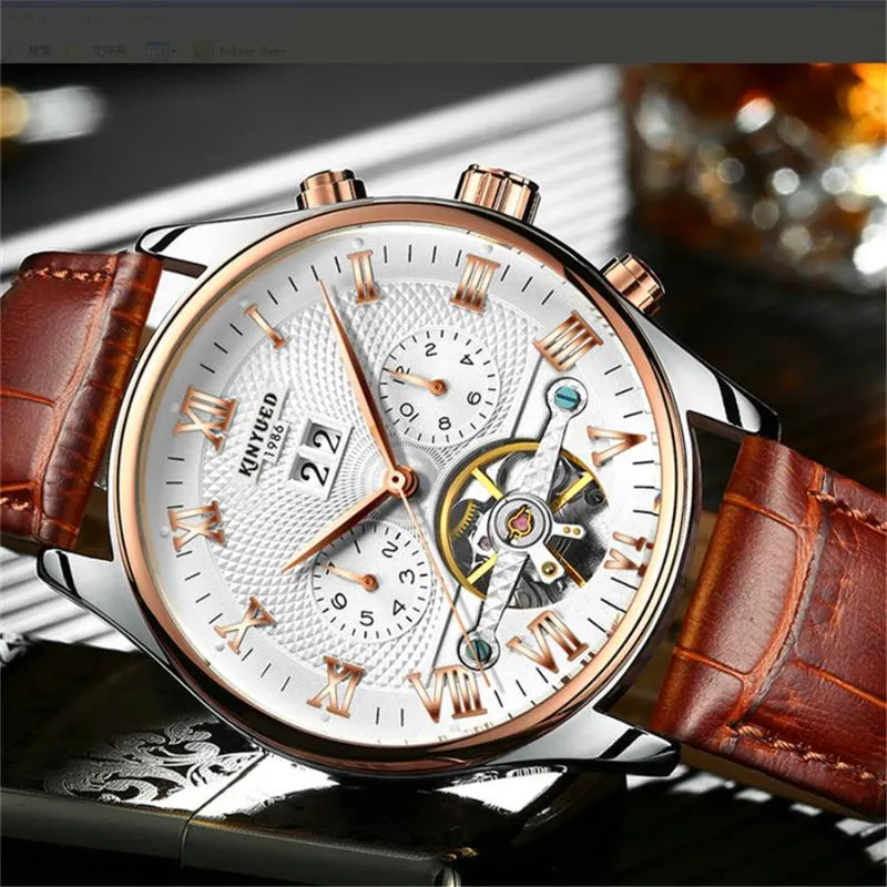 Relógios de pulso Kinyued Homens Tourbillon Relógio Automático Marca de Moda de Luxo Relógios Mecânicos de Couro Relógio de Negócios Relojes Hombre 248T