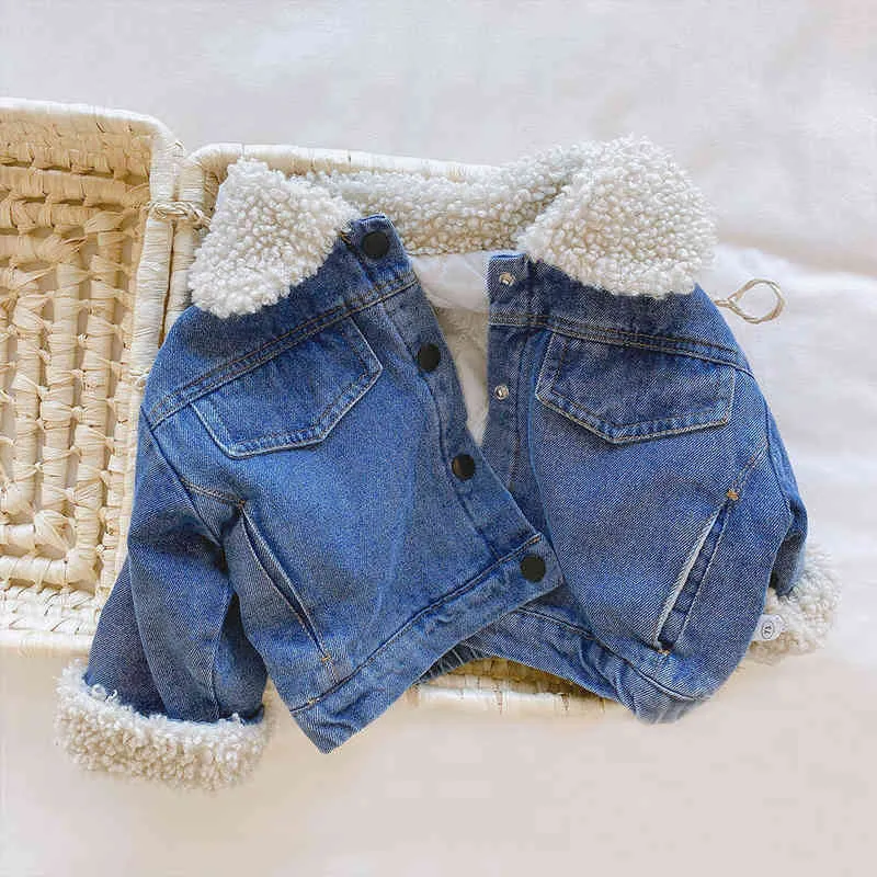 Vinterjacka för flickor pojkar hösten tjockare jeans jacka barndrens kläder varm mode baby denim jackor 1-6y j220718