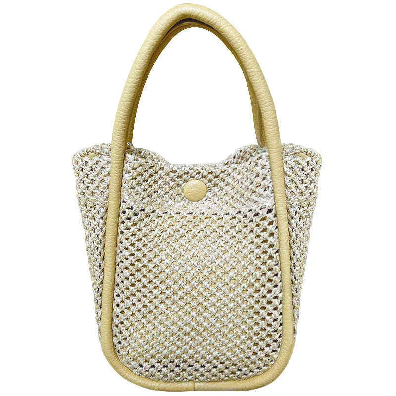 Sac à main en cuir thermique pour femmes, seau portable, grille en paille tissée, version épaule, messager creux, sac seau