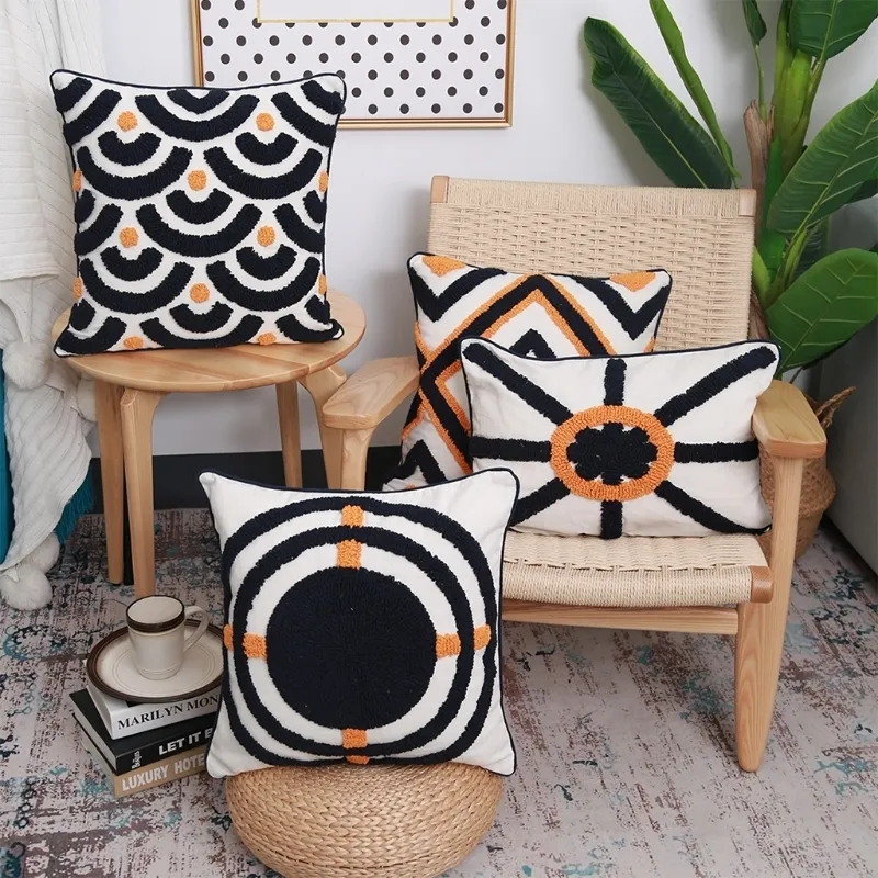 Boho estilo étnico tecido tufado almofada de travesseiro 3d bordado preto laranja padrão geométrico tampa de almofada decorativa f cx220331
