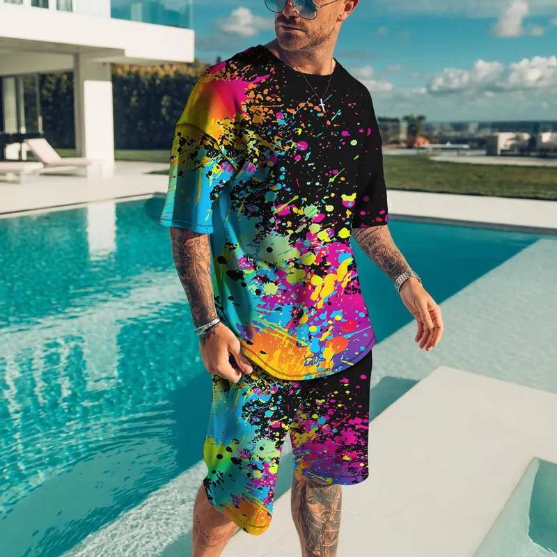 Мужские спортивные костюмы Set Set Men's Clothing Set Splatter красочные краски пятна 3D Print Casual Set Setts To Otbits T Roomhorts Male 220826