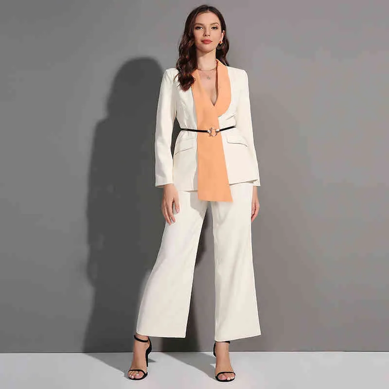 Ladies Office Suit Fashion Casual Loose Two-Piece Blazer Wide Leg Pants Women Chic Belt V-Neck Elegant Set T220729