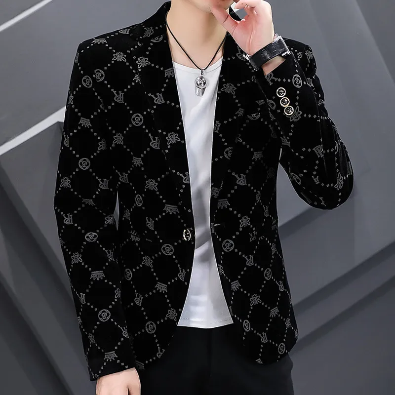 Moda outono homem bonito preto estampado veludo cotelê jovem fino vestido formal pequeno terno único jaqueta masculina 220520