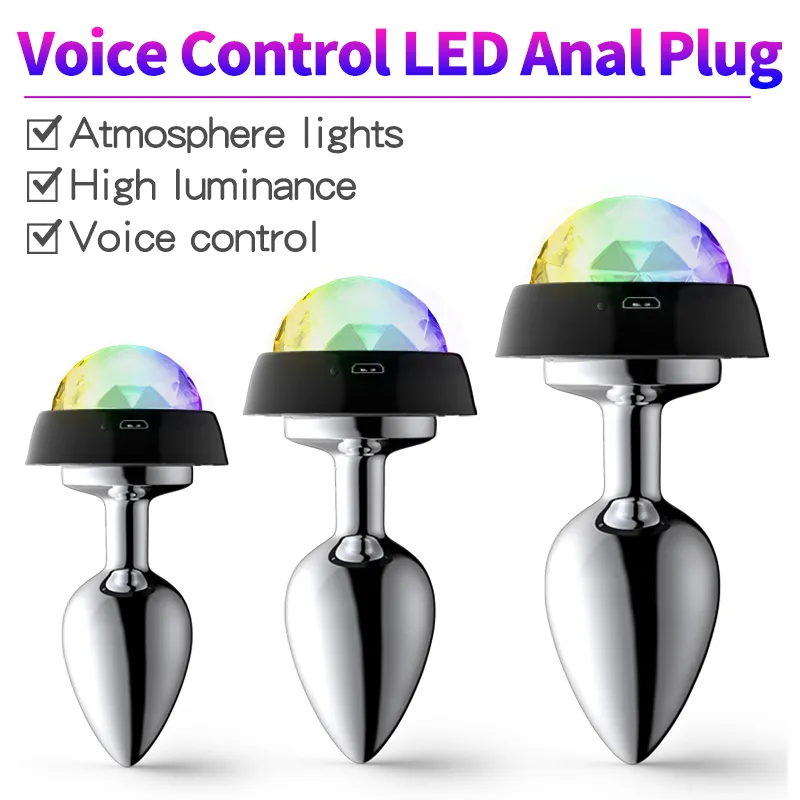 New Voice Control LED Butt Plug Metal Anal Light For Couples Luminous Beads Stopper Buttplug Tail Bdsm Erotic sexy Toys