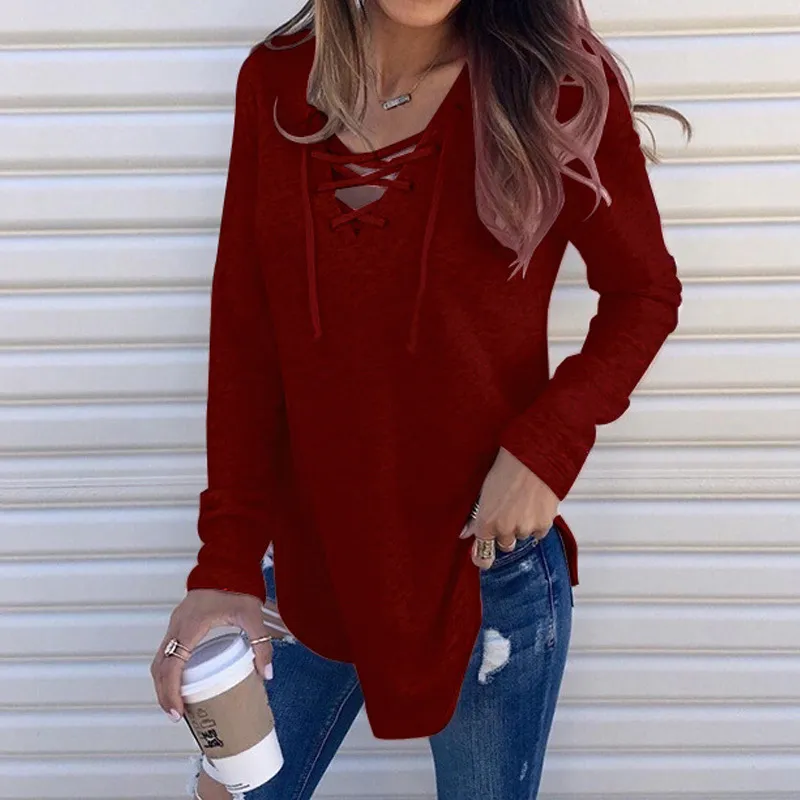 Solid Tee Shirt Pulovers Tunic Top Female Clothing Autumn Women's Casual Sexy Hollow Out Bandage V Neck Long Sleeve T-shirt 220321