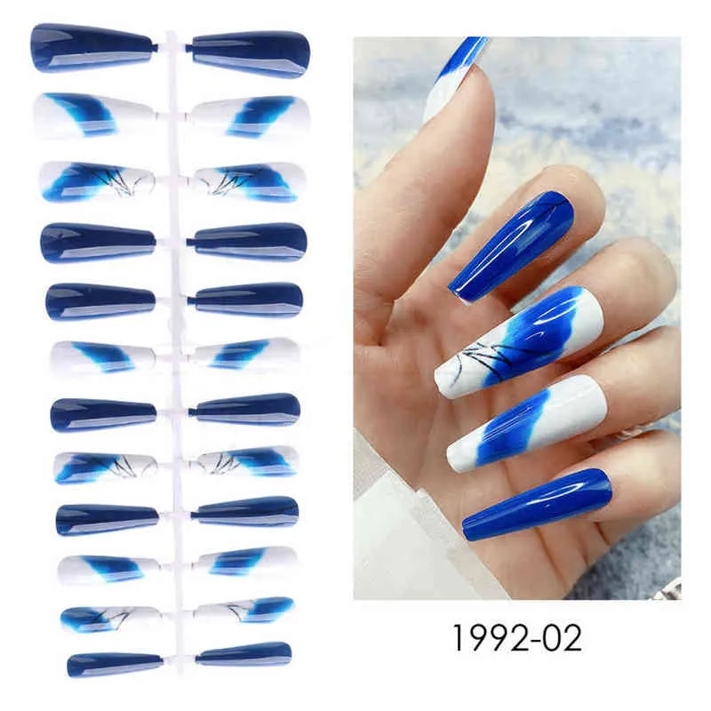 FALSE NAILS Spring Summer Design Seamless Fake Tips T Shaped Full Cover for Extension Manicures Tools 0616