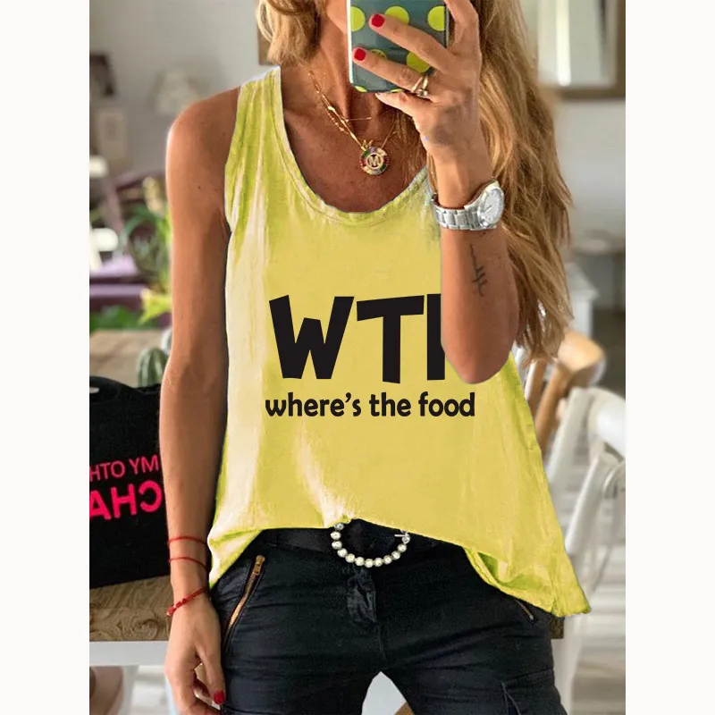 Frauen Baumwolle 100% Leibchen Sommer Steeveless Wo ist das Essen Brief Drucken Weibliche Casual Vintage Tank Tops Grafik Mode Westen 220316